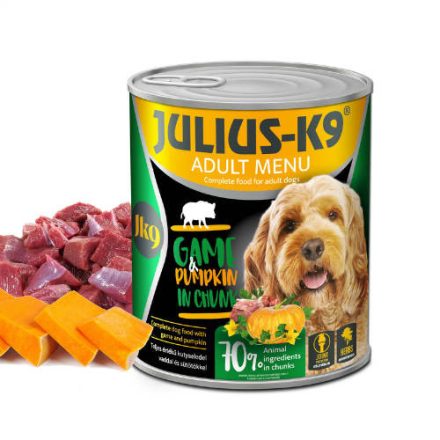 Julius K-9 konzerv Adult vaddal,sütőtökkel felnőtt kutyák részére (800g)