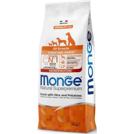 Monge Dog Puppy&Junior All Breeds Monoprotein kacsa-rizs-burgonya száraztáp kutyának 12kg