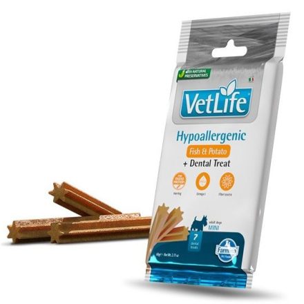 Vet Life Dog Hypoallergenic Fish&potato+Dental Treat fogtisztító jutalomfalat ételérzékeny, allergiás kutyának Mini 60g