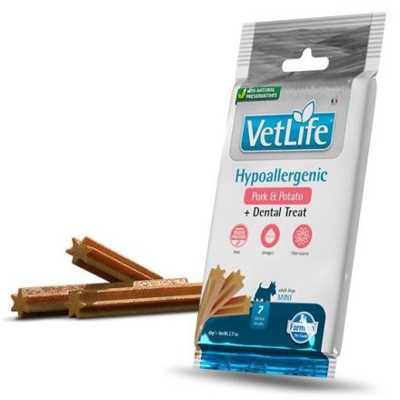 Vet Life Dog Hypoallergenic Pork&potato+Dental Treat fogtisztító jutalomfalat ételérzékeny, allergiás kutyának Mini 60g