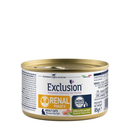Exclusion Veterinary Diet Cat Renal Phase II. Pork&Pea and Rice gyógykonzerv macskának 85g