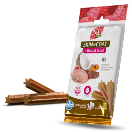 N&D Quinoa Dog Skin&Coat Dental Quail bőr és szőrzet támogató, fogtisztító jutalomfalat kutyának Med&max 100g
