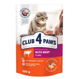   CLUB 4 PAWS Beef in Jelly - Teljes értékű, szaftos eledel felnőtt macskáknak 85g