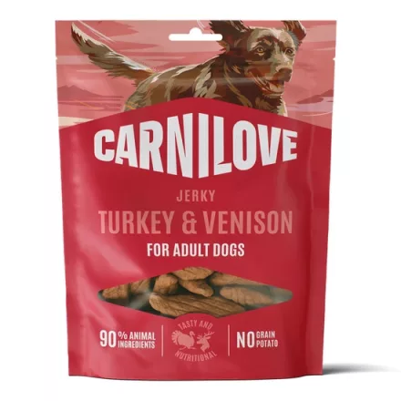 Carnilove Meat Jerky Snack Turkey with Venison Fillet – pulyka és vad- jutalomfalat kutyák részére 100g