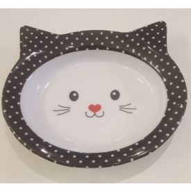 Műanyag macskafejes tál 16,5x15x2,8cm fekete pöttyös