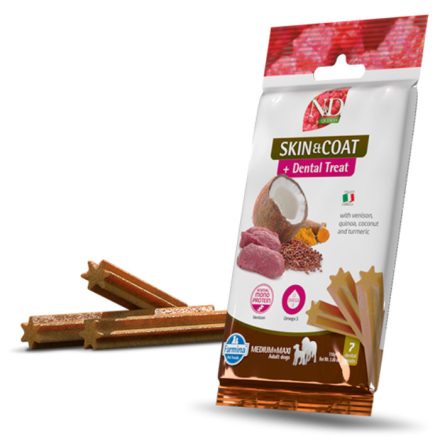 N&D Quinoa Dog Skin&Coat Dental Venison bőr és szőrzet támogató, fogtisztító jutalomfalat kutyának Med&max 100g