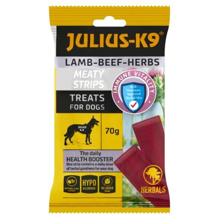 JULIUS K-9 Meaty Strips jutalomfalat báránnyal,marhával és gyógynövénnyel 70g
