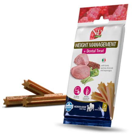N&D Quinoa Dog Weight Management Dental Lamb fogtisztító jutalomfalat túlsúlyos kutyának Medium&maxi 100g