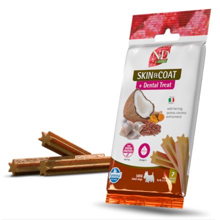 N&D Quinoa Dog Skin&Coat Dental Hering bőr és szőrzet támogató, fogtisztító jutalomfalat kutyának Mini 60g