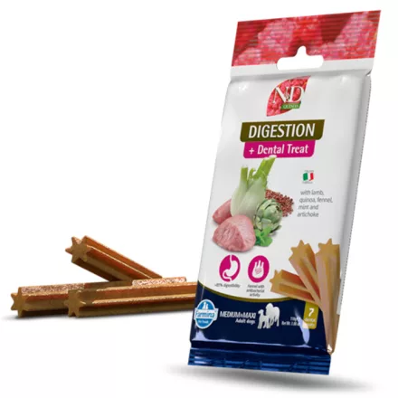 N&D Quinoa Dog Digestion Dental Lamb emésztőrendszert támogató és fogtisztító jutalomfalat kutyának Med&max 100g lejárat közeli