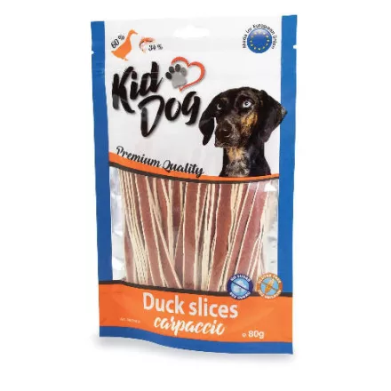 KidDog Duck slices carpaccio - jutalomfalat kacsahússal és tőkehallal kutyák részére 80g
