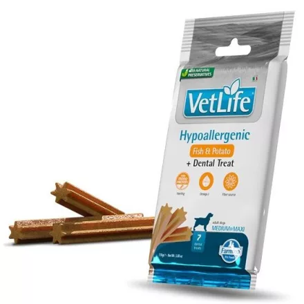 Vet Life Dog Hypoallergenic Fish&potato+Dental Treat fogtisztító jutalomfalat ételérzékeny, allergiás kutyának Medium&Maxi 100g lejárat közeli