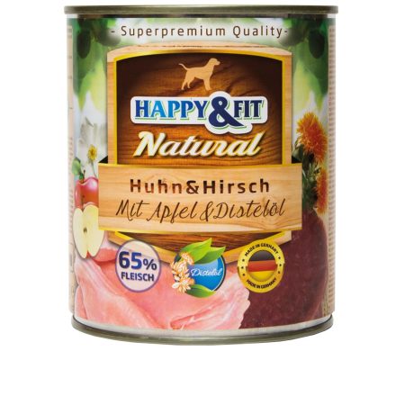 Happy&Fit Natural Huhn&Hirsch mit Apfel&Distelöl 6x800g (csirkehússal, szarvashússal, almával és sáfrányos szekliceolajjal)