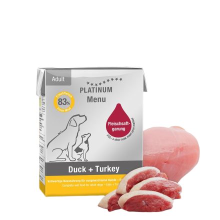 PLATINUM MENU Duck + Turkey-nedves kutyatáp felnőtt kutyának kacsa és pulyka 12x375g