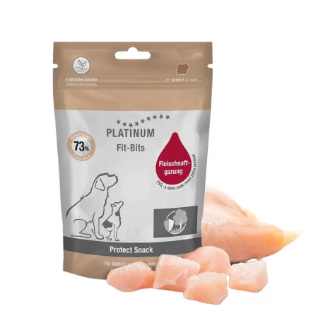 PLATINUM Fit-Bits Protect-Funkcionális jutalomfalat csirkehúsból élősködők elleni védekezés támogatására kutyának 150g lejárat közeli