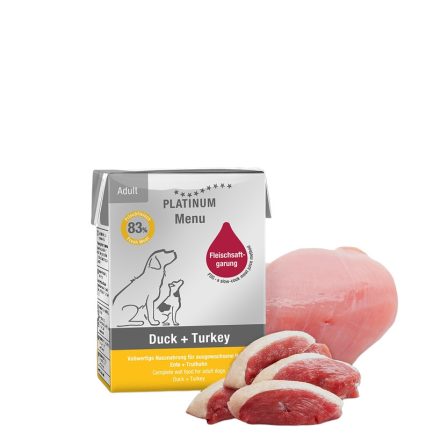 PLATINUM MENU Duck + Turkey-nedves kutyatáp felnőtt kutyának kacsa és pulyka 12x185g