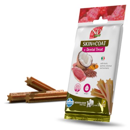 N&D Quinoa Dog Skin&Coat Dental Duck bőr és szőrzet támogató, fogtisztító jutalomfalat kutyának Med&max 100g