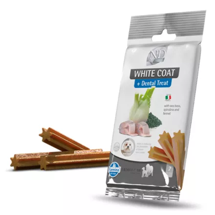 N&D White Dog Sea bass-fennel&spirulina fogtisztító jutalomfalat fehér kutyának Med&max 100g lejárat közeli