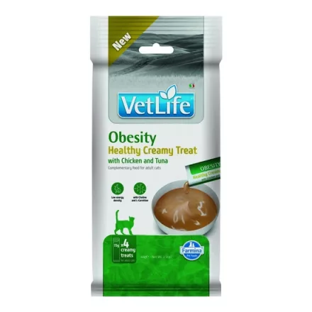 Vet Life Adult Cat Obesity Creamy Treat krémes jutalomfalat túlsúlyos, válogatós vagy gyógyszerezett cicáknak 60g