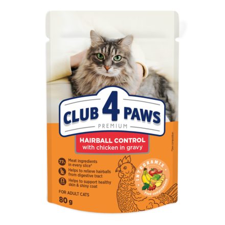 CLUB 4 PAWS Hairball Control - Csirke szószban - szaftos eledel felnőtt macskáknak 80g