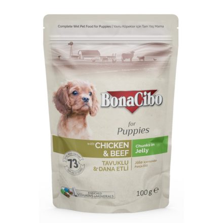 Bonacibo Pouch Puppy csirke, marha alutasakos eledel kölyök kutyák részére 12x100g 
