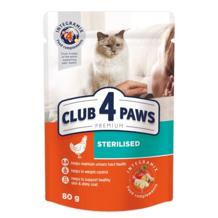 CLUB 4 PAWS Sterilised Teljes értékű, szaftos eledel felnőtt macskáknak 80g