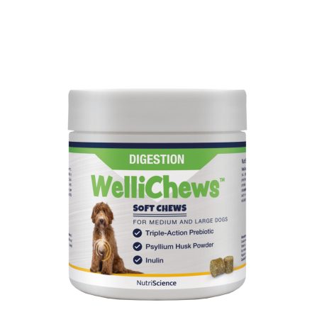 NutriScience WelliChews dog DIGESTION funkcionális jutalomfalat emésztőrendszer támogatására közepes és nagytestű kutyának 60db