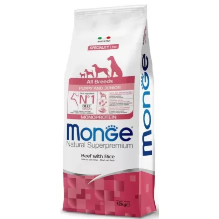 Monge Dog Puppy&Junior All Breeds Monoprotein marha-rizs száraztáp kutyának 12kg