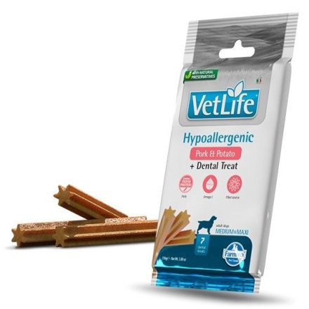 Vet Life Dog Hypoallergenic Pork&potato+Dental Treat fogtisztító jutalomfalat ételérzékeny, allergiás kutyának Medium&Maxi 100g