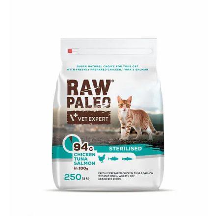 Raw Paleo Adult Steril Cat - Csirke, Tonhal&Lazac száraz eledel 250g