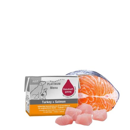 PLATINUM MENU Turkey + Salmon-nedves kutyatáp felnőtt kutyának pulyka és lazac 90g