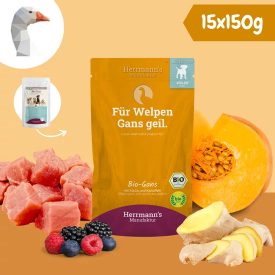   Herrmanns bio libahús párolt menü kölyökkutyáknak - bio sütőtök, bio bogyós gyümölcsök 150g
