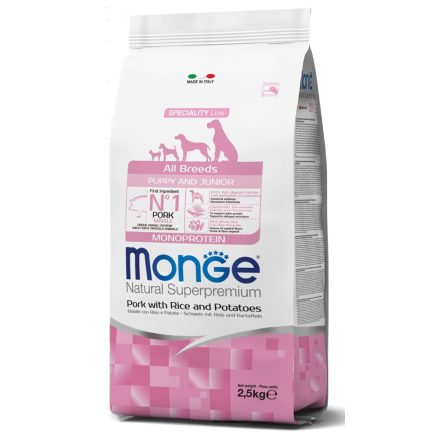 Monge Dog Puppy&Junior All Breeds Monoprotein sertés-rizs-burgonya száraztáp kutyának 2,5kg
