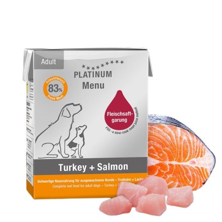 PLATINUM MENU Turkey + Salmon-nedves kutyatáp felnőtt kutyának pulyka és lazac 375g
