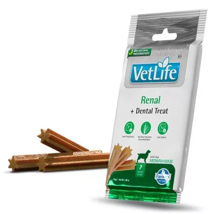 Vet Life Dog Renal+Dental Treat veseműködés támogató és fogtisztító jutalomfalat kutyának Medium&Maxi 100g lejárat közeli