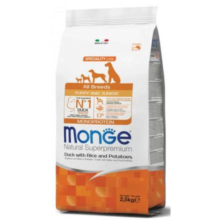 Monge Dog Puppy&Junior All Breeds Monoprotein kacsa-rizs-burgonya száraztáp kutyának 2,5kg